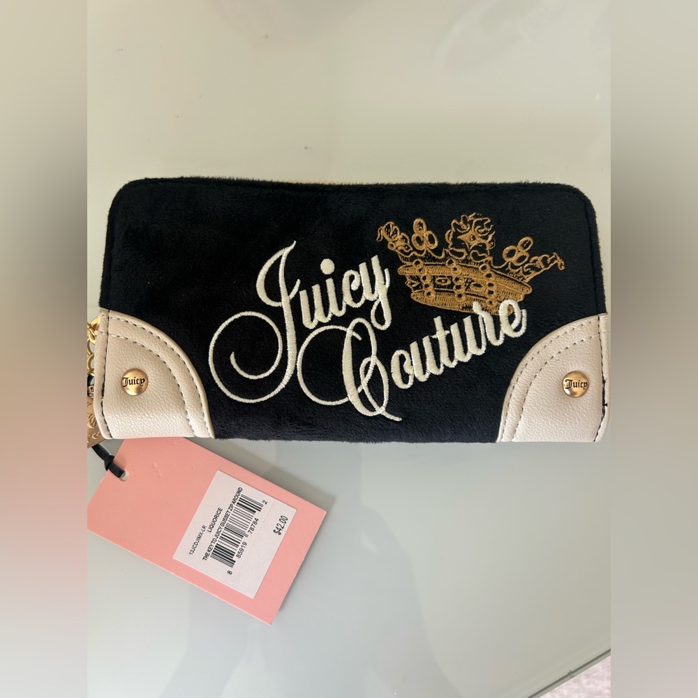 Juicy Couture Black Cream Crown embroidered Long Zipper Wallet